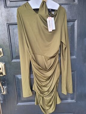 Ruched Olive Long-Sleeve Draped Dress - Women